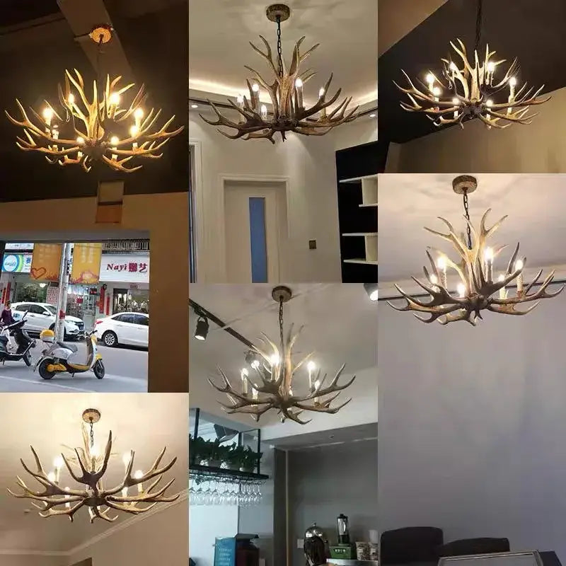 Decorbites antler pendant chandelier with warm-toned lights and rustic natural finish for home decor and lighting fixtures