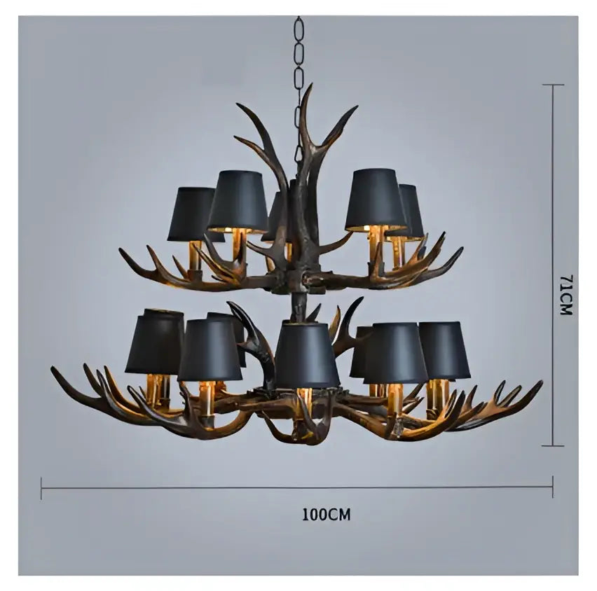 Decorbites antler resin chandelier with black lampshades and dark rustic finish in american country retro style