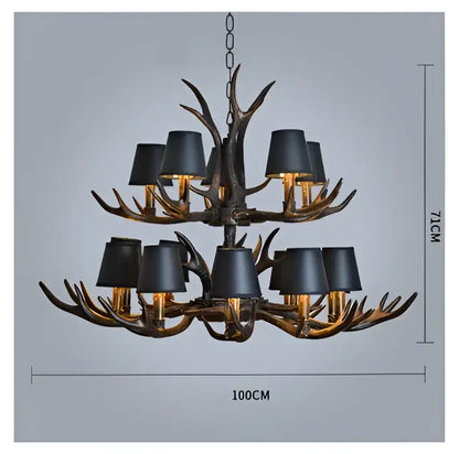 Decorbites antler resin chandelier with black lampshades and dark rustic finish in american country retro style