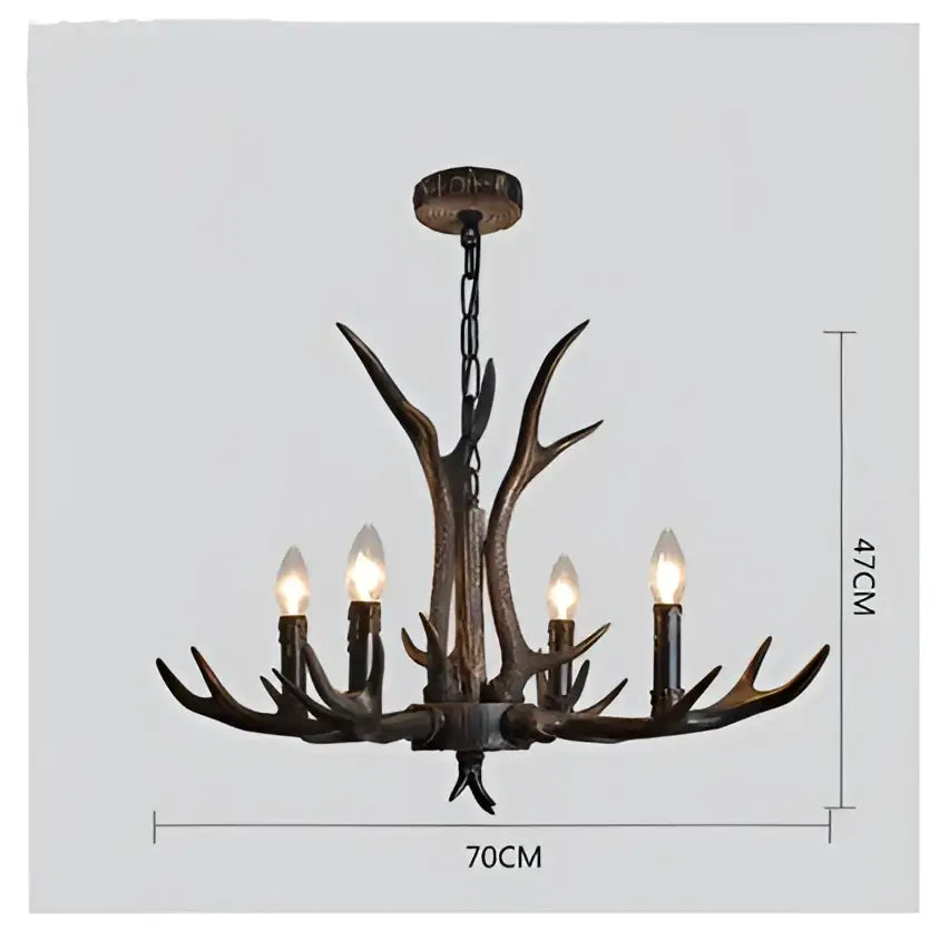 DecorBites antler resin chandelier with five lit bulbs crafted from dark bronze metal in American country retro style