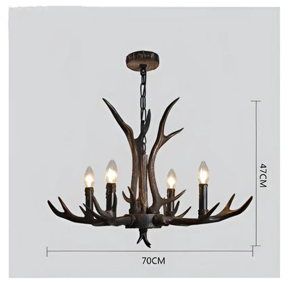 DecorBites antler resin chandelier with five lit bulbs crafted from dark bronze metal in American country retro style