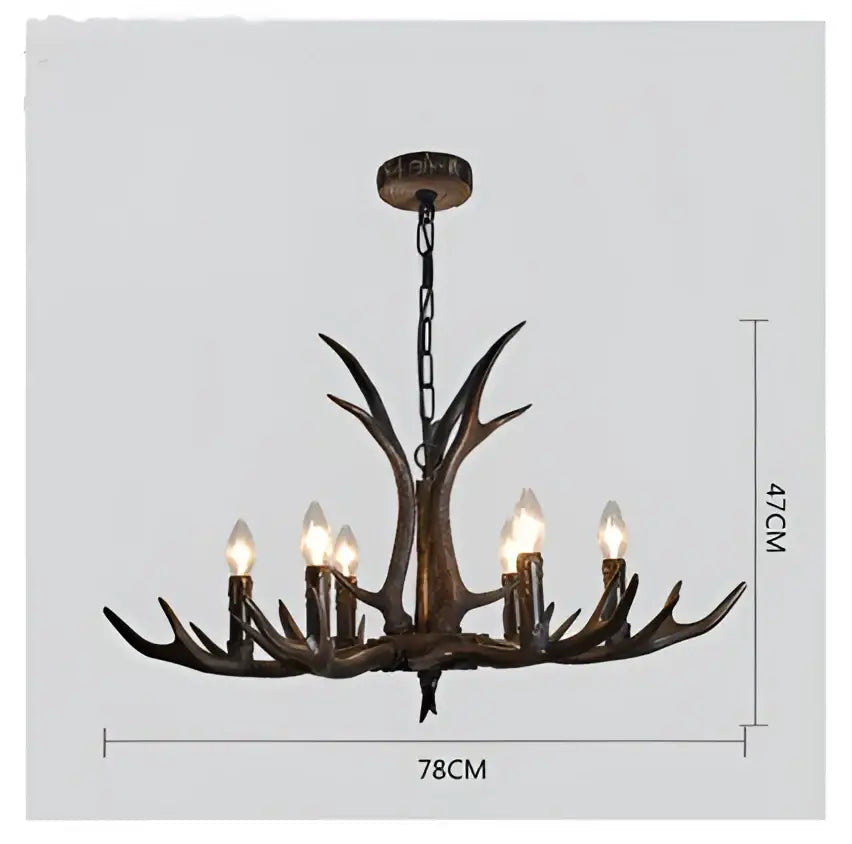DecorBites antler resin chandelier with six lit bulbs, dark bronze finish, American country retro style LED hanging lamp