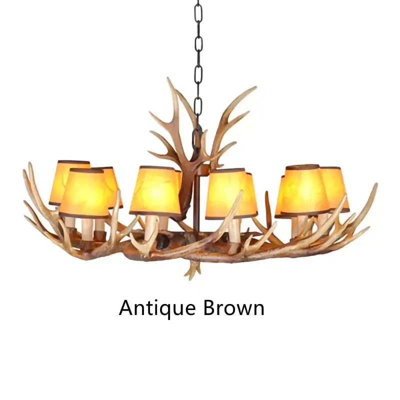 Antique brown antler resin chandelier with six warm-toned lampshades decorbites antler resin hanging lamp