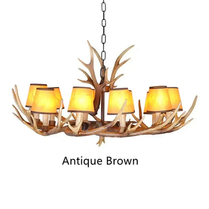 Antique brown antler resin chandelier with six warm-toned lampshades decorbites antler resin hanging lamp
