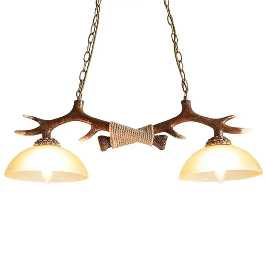Decorbites antler resin chandelier with two warm glass shades and rustic brown finish for living dining room lighting