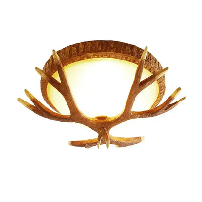 Rustic brown decorbites antler resin glass ceiling light fixture with warm glow in American country retro style home decor