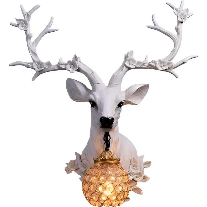 White resin deer head wall lamp with ornate antlers and golden faceted globe light decorbites antler wall lamp
