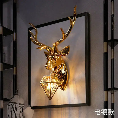 Golden deer head wall light with geometric diamond-shaped fixture by DecorBites antlers led wall for modern decor