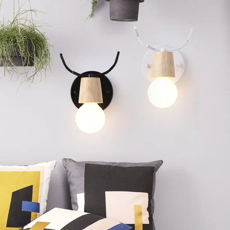 DecorBites antlers vintage black and white deer-head wall sconces with wooden accents vintage wall sconce lighting fixture