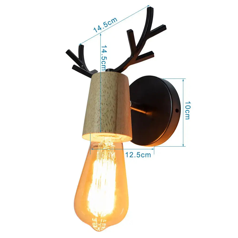 Decorbites antlers vintage wall sconce with black metal antler accents natural wood body and exposed edison bulb