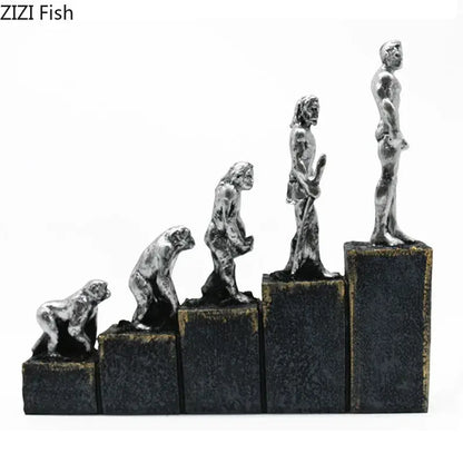 Silver metallic DecorBites Ape Man evolution sculpture resin figurine set on stepped black bases for home decor