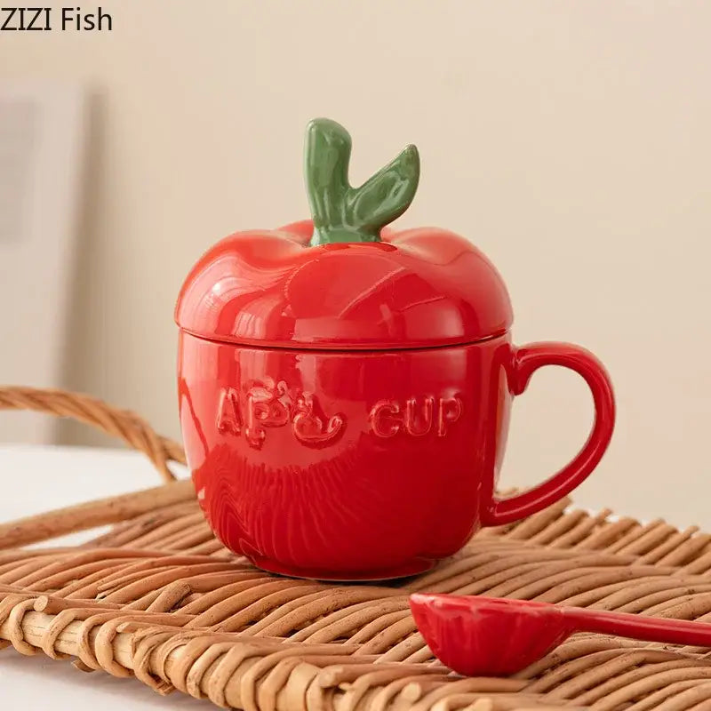 Red ceramic apple fruit mug with green stem and matching spoon embossed with apple cup by decorbites for kids gift