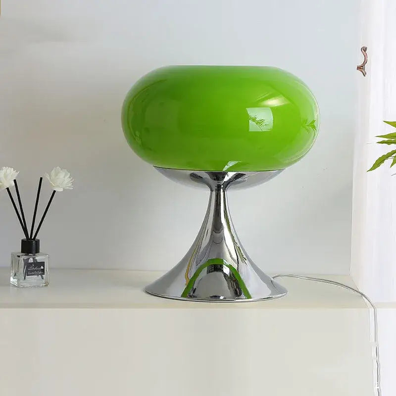 Vibrant lime green glossy glass decorbites apple green table lamp with sleek chrome metallic base for home decor