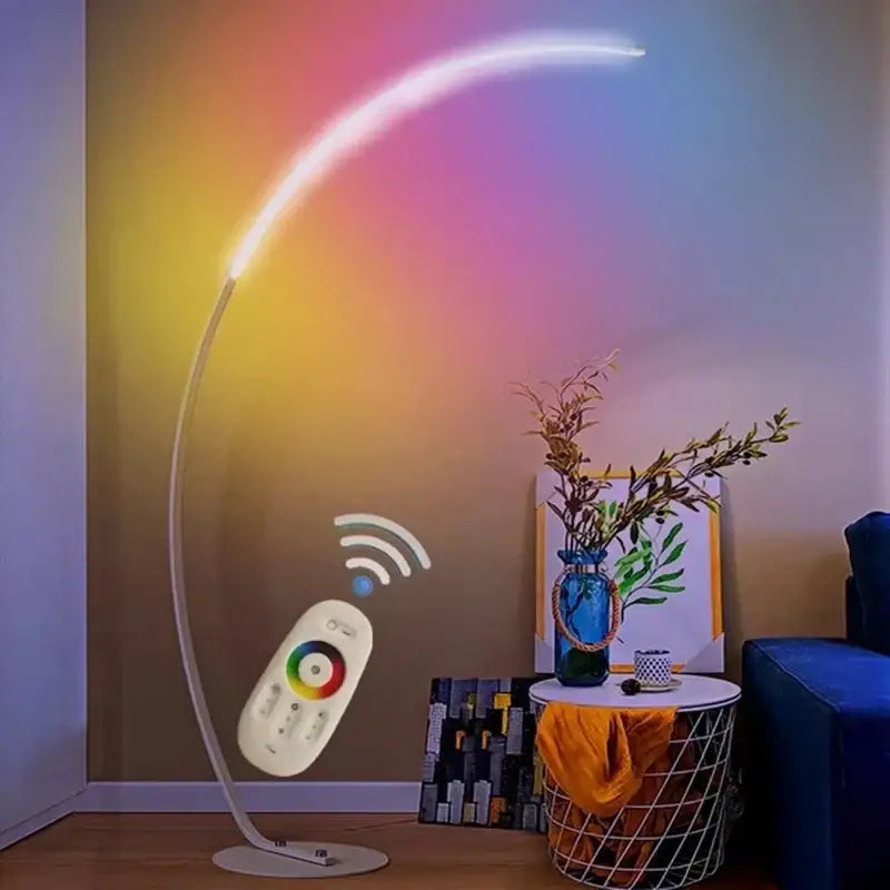 Decorbites arc led floor lamp with sleek white frame and vibrant rainbow led lighting in nordic minimalist design