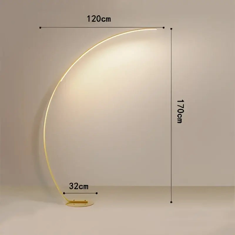 A sleek decorbites arc led floor lamp with golden finish and minimalist curved design with remote control