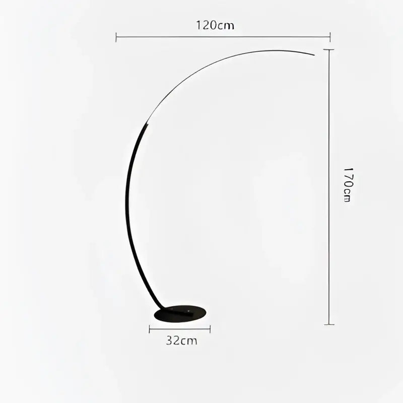 Black curved DecorBites arc led floor lamp with sleek minimalist design and circular base for modern interior lighting