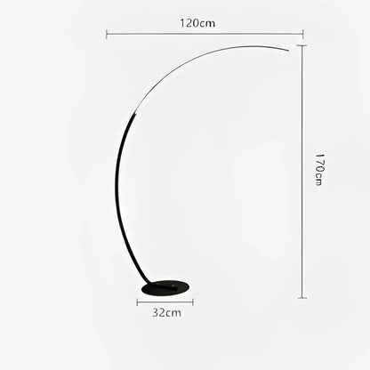 Black curved DecorBites arc led floor lamp with sleek minimalist design and circular base for modern interior lighting