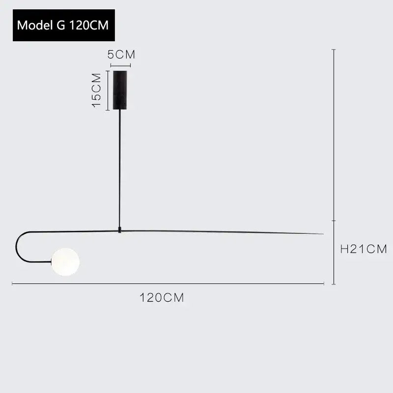Black minimalist DecorBites arc line chandelier with cylindrical top, slender rod, and white glass bulb for dining room
