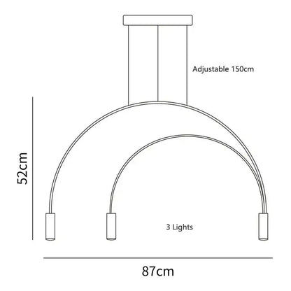 Modern minimalist DecorBites arc pendant light with three curved arms and cylindrical bulbs adjustable to 150cm height