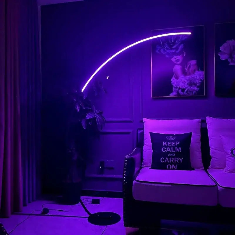 Decorbites arc shape floor lamp with sleek curved design and vibrant purple led glow for modern living room decor