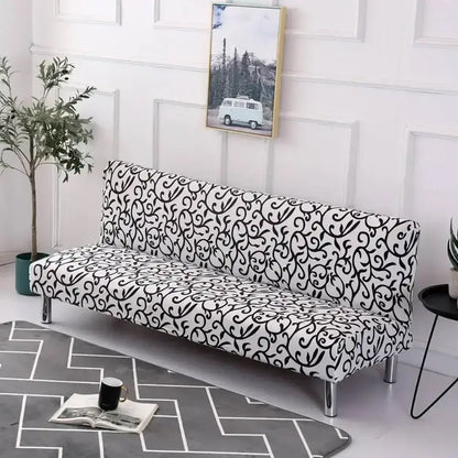 Black and white ornate patterned DecorBites armless futon sofa cover slipcover with elastic fit for armless futon sofa