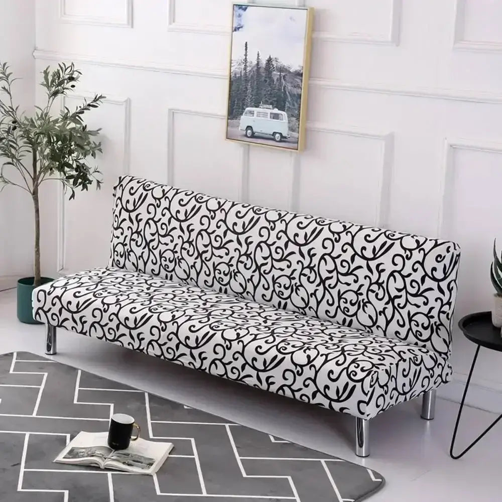 Black and white ornate patterned elastic decorbites armless futon sofa cover slipcover for futon sofa without armrest