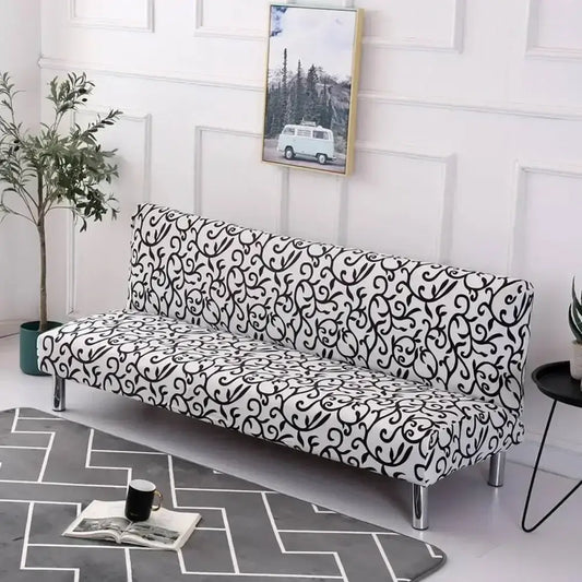 Black and white ornate patterned elastic decorbites armless futon sofa cover slipcover for futon sofa without armrest