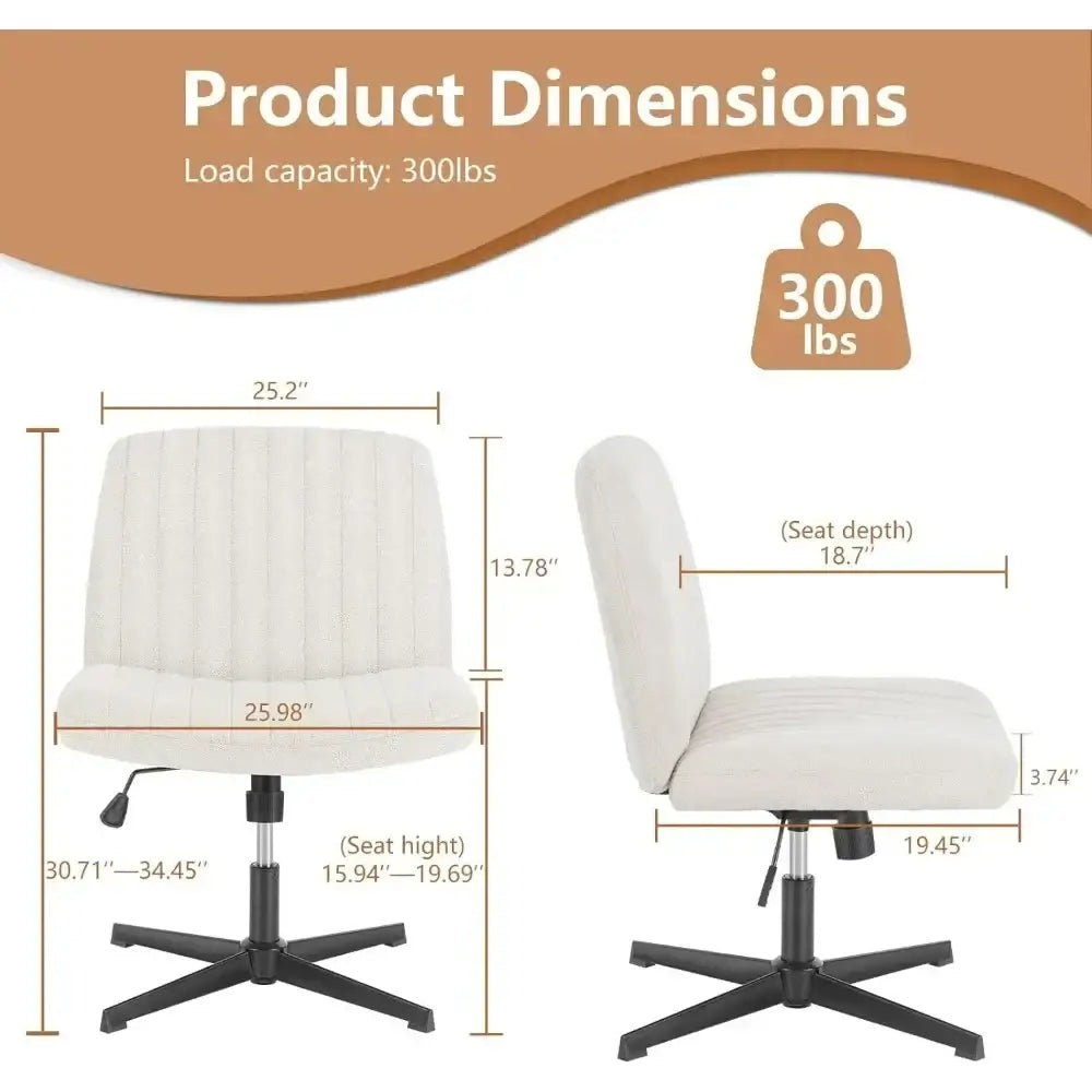 Cream-colored decorbites armless wide desk chair with upholstered seat and black metal cross-legged base for office use