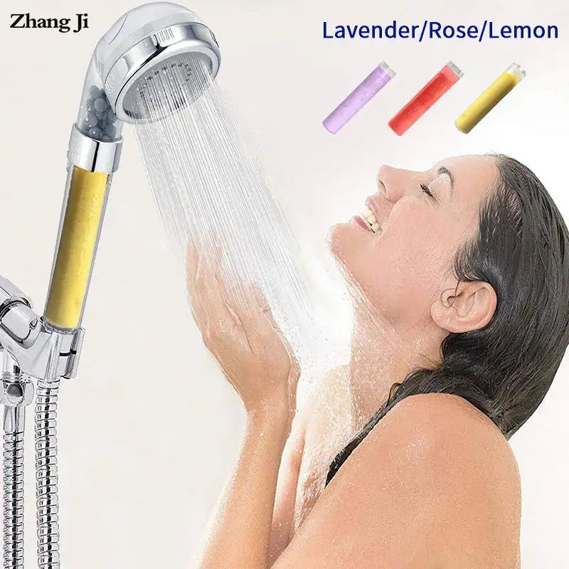 Chrome finished decorbites aroma filter vitamin c shower head with visible yellow cartridge and lemon lavender rose scents
