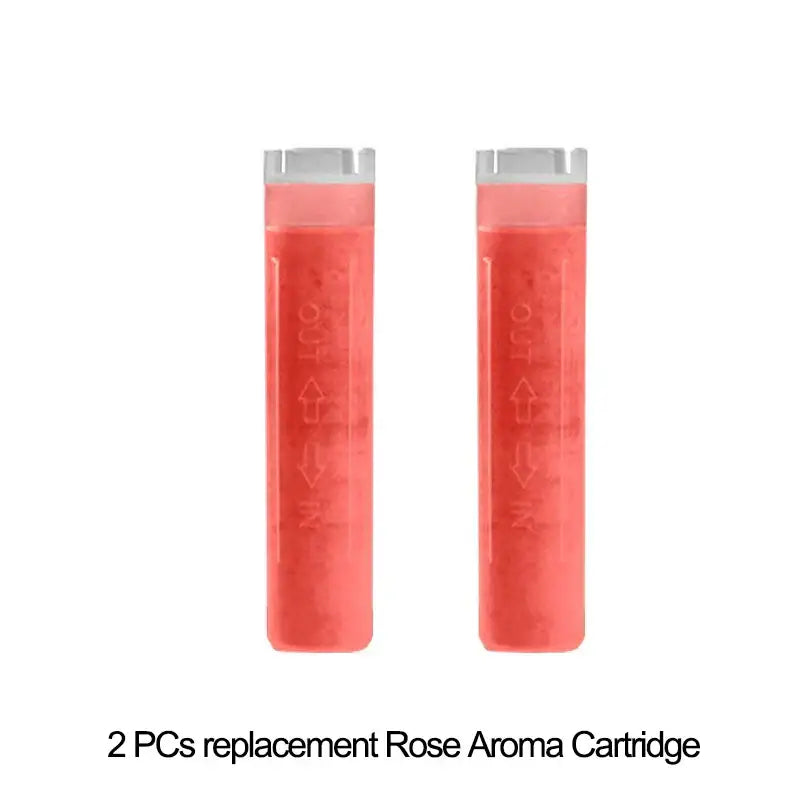 Two translucent coral-colored rose aroma filter vitamin cartridges with clear caps for decorbites aroma filter shower head