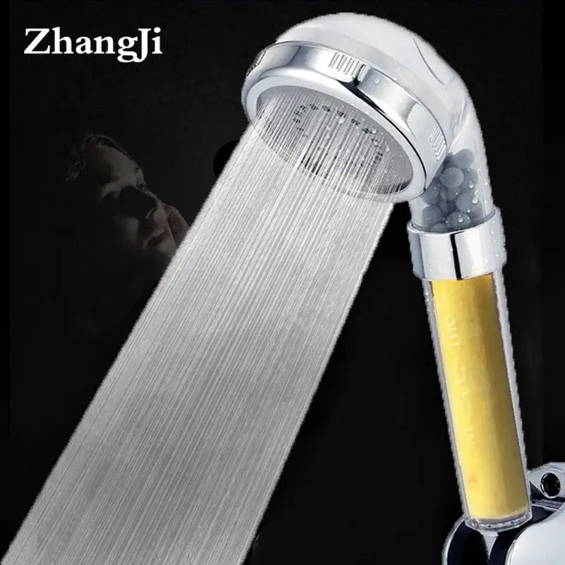 Chrome-finished zhangji shower head with transparent aroma filter vitamin housing containing yellow and gray media