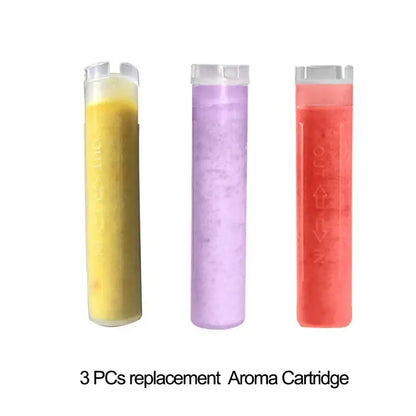Three cylindrical decorbites aroma filter vitamin c aroma cartridges in yellow purple and red with clear caps for shower head