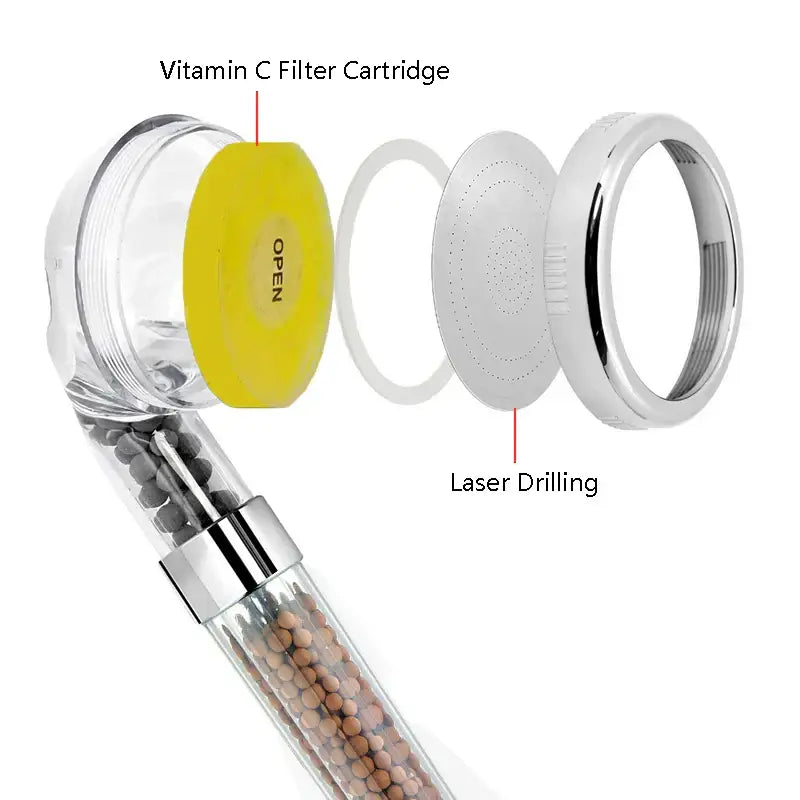 Clear plastic decorbites aroma shower head with yellow vitamin c filter cartridge and visible filtration beads