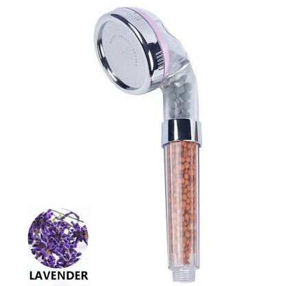 Clear decorbites aroma shower head with chrome accents and lavender scented filter beads for high pressure filtration
