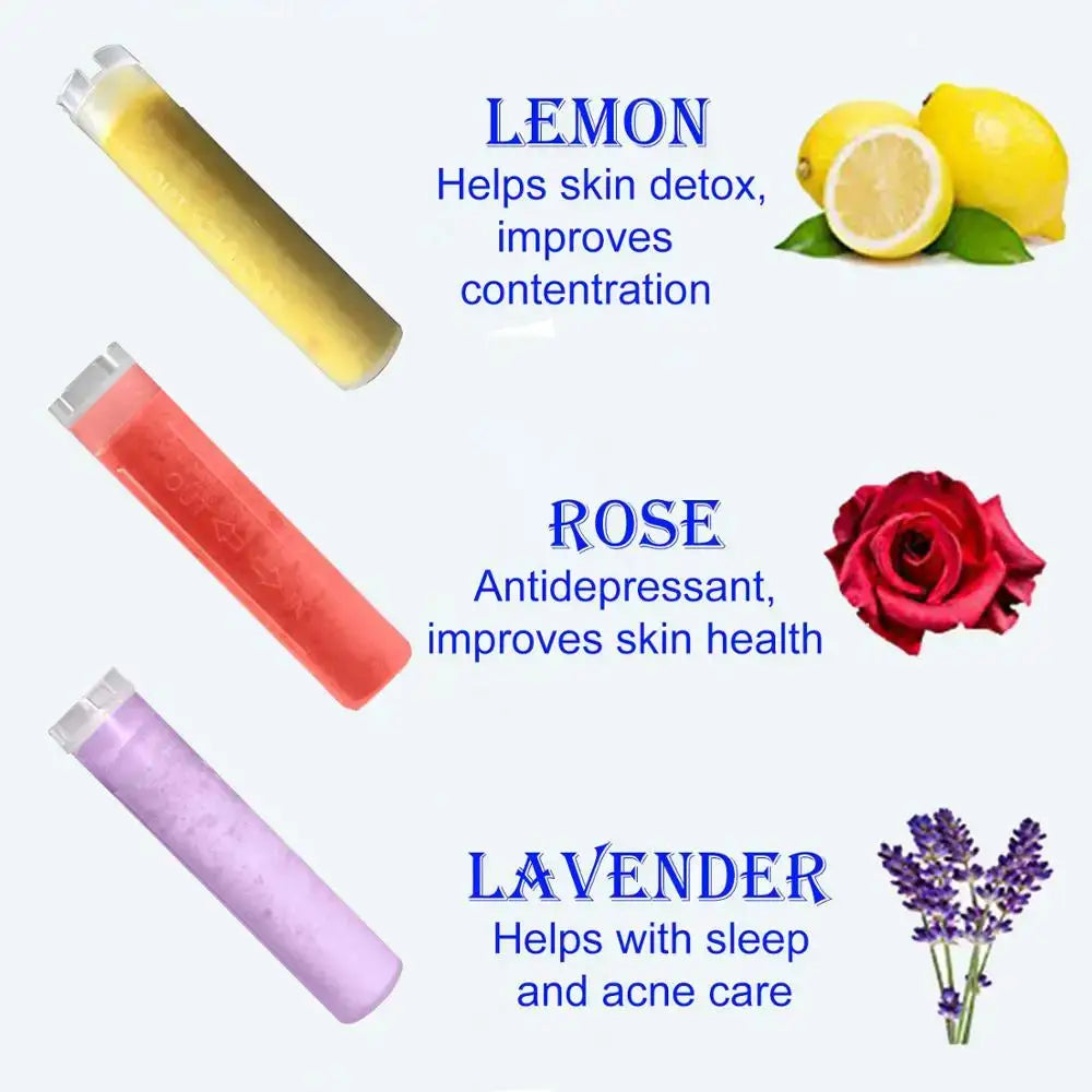 Three cylindrical lip balms in yellow pink and purple hues with clear caps alongside decorbites™ aroma vitamin c shower head filter cartridge