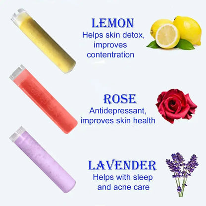 Three cylindrical lip balms in yellow pink and purple hues with clear caps alongside decorbites™ aroma vitamin c shower head filter cartridge