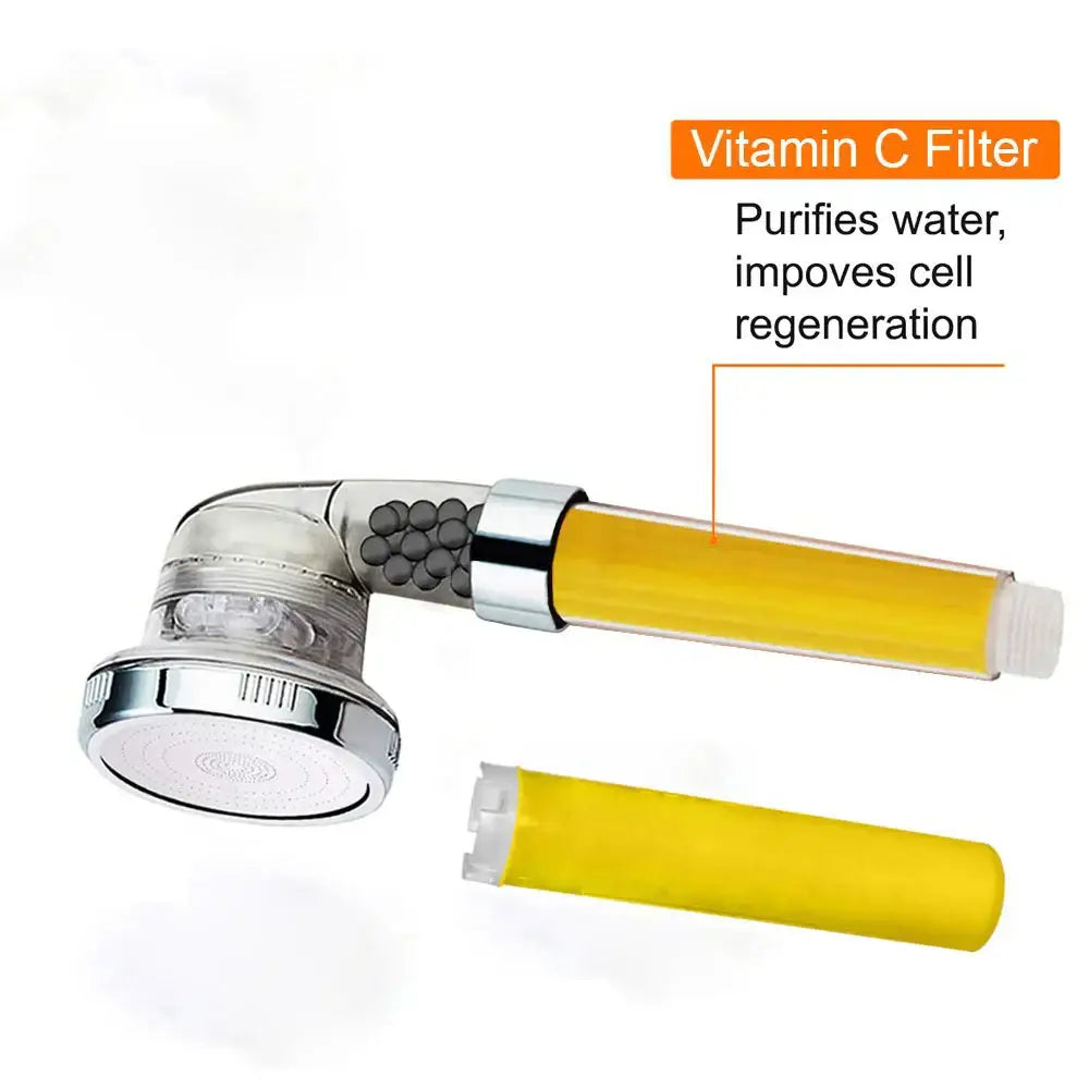 Chrome-finished shower head with a yellow DecorBites™ aroma vitamin C filter cartridge for lemon rose lavender skin care