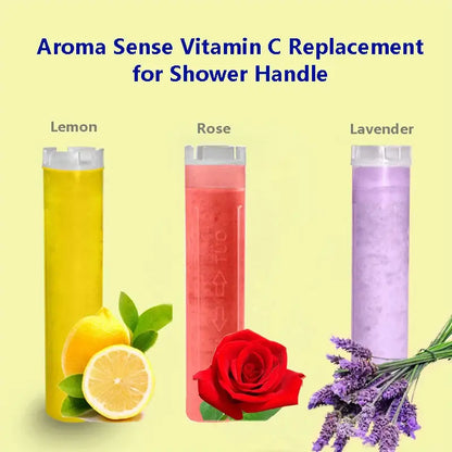 Decorbites™ aroma vitamin c shower head filter cartridges in lemon yellow rose pink and lavender purple with clear caps