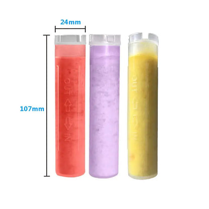Three translucent cylindrical gel-filled filter cartridges in red purple and yellow for decorbites shower head filter