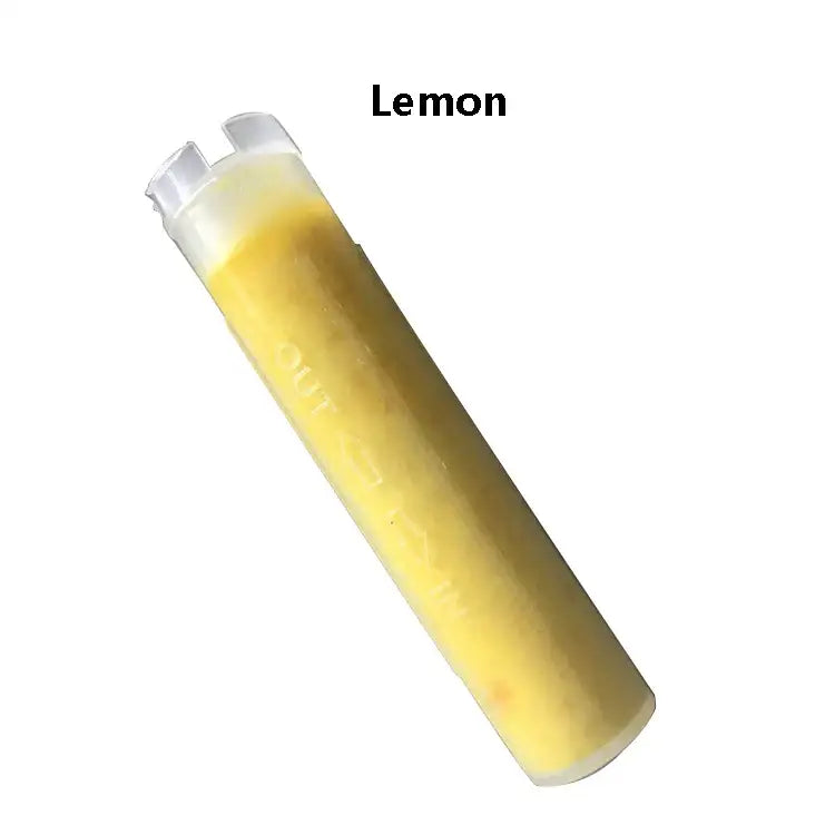 Translucent yellow lemon-shaped refillable filter cartridge with clear cap for DecorBites shower head filter