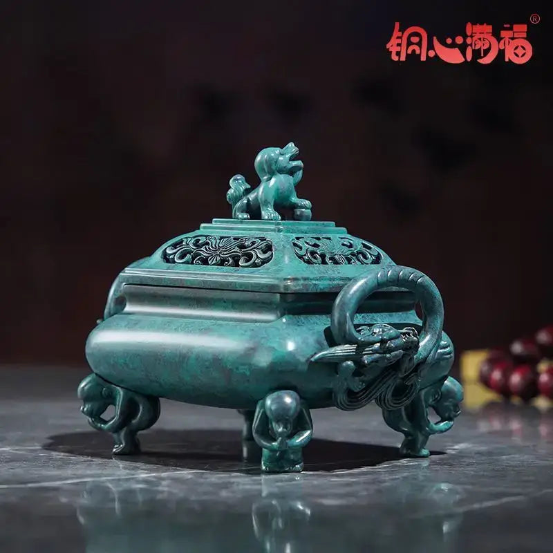 Teal-green bronze incense stove with intricate dragon and lion motifs decorbites aromatherapy brass incense for home and office