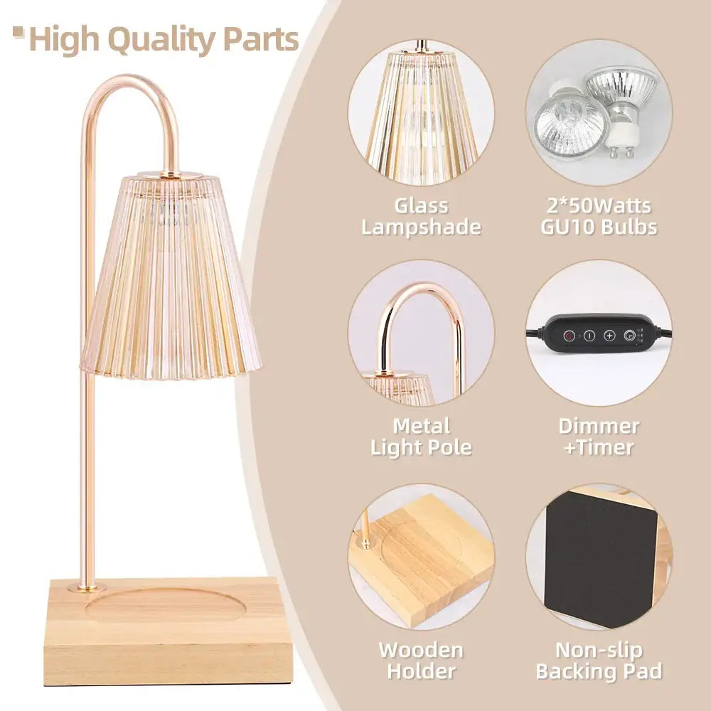 Rose gold decorbites aromatherapy melting lamp with pleated glass shade and wooden base for modern table decoration