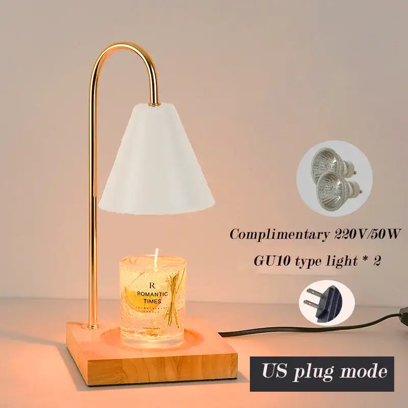 Gold-toned metal decorbites aromatherapy melting lamp with white shade and wooden base for candle warming and timer use