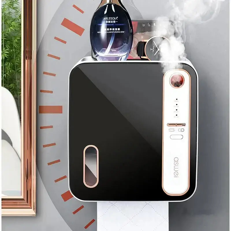 Decorbites™ aromatherapy toilet tissue box holder in black and rose gold with sleek design steaming from top