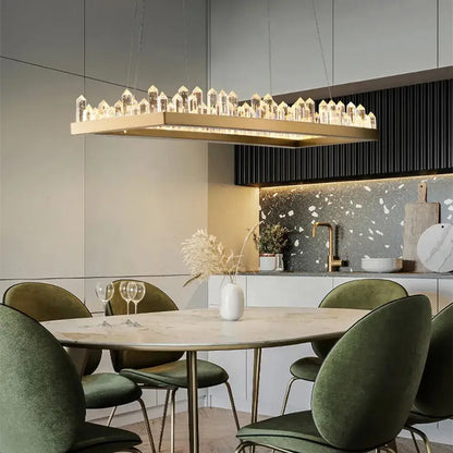 DecorBites arrow crystal modern rectangular chandelier with gold frame and clear crystal led pendants for living spaces