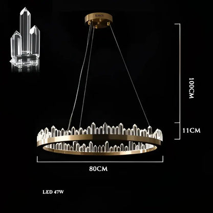 Gold-toned decorbites arrow crystal led chandelier with clear crystal spikes suspended by black cords for modern interiors