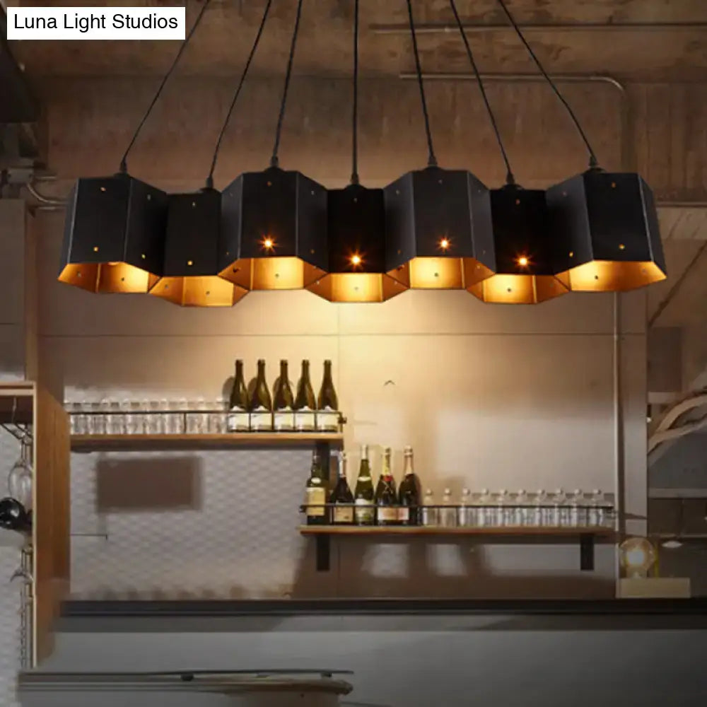 DecorBites™ art deco black metal hexagonal honeycomb ceiling light with gold accents for dining room island lighting