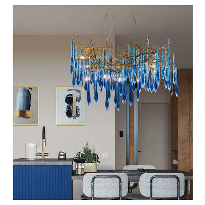 DecorBites Art Deco blue queen crystal chandelier with golden arms and teardrop crystals for living room decor