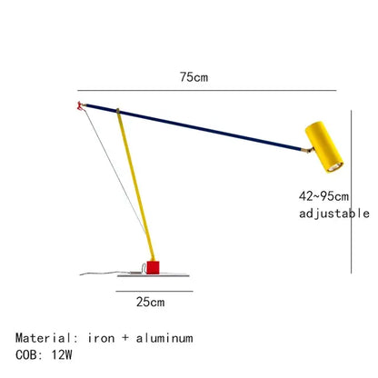 Adjustable decorbites art deco floor lamp with yellow cylindrical head, navy arm, red iron and aluminum base