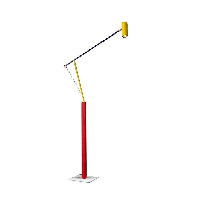 A vibrant red and yellow art deco colorful metal floor lamp with a sleek joint rotating arm by DecorBites Art Deco